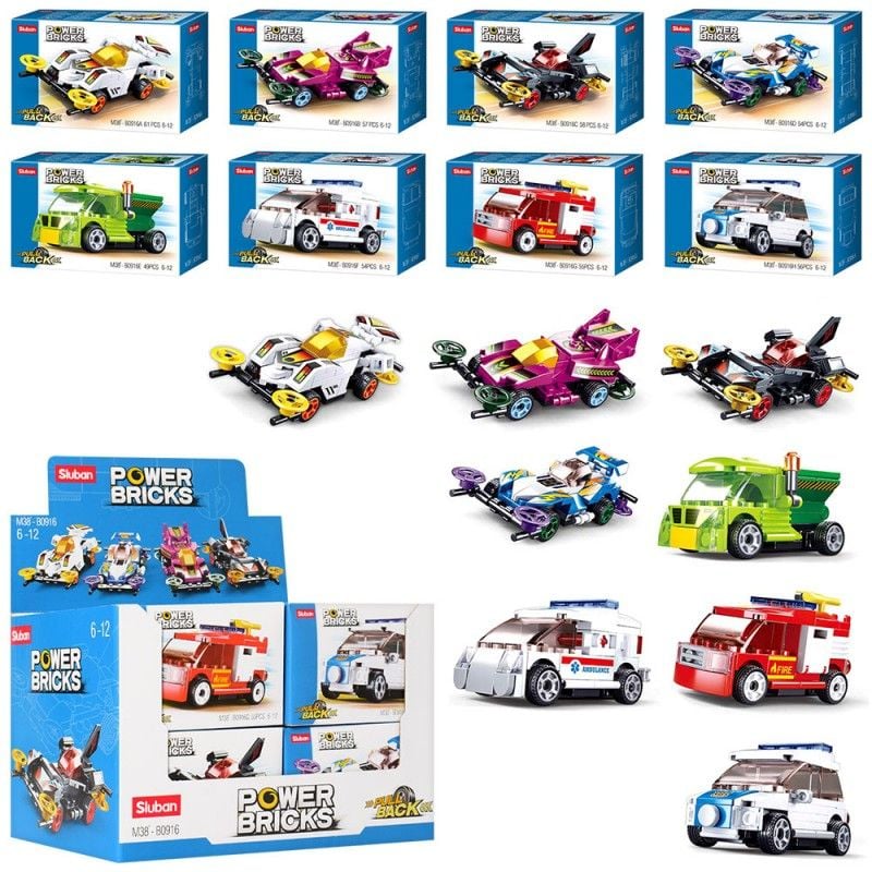 Конструктор  від 49 дет транспорт  кор. 16 шт 8 видів в коробці 14*9*4см по шт M38-B0916 sluban