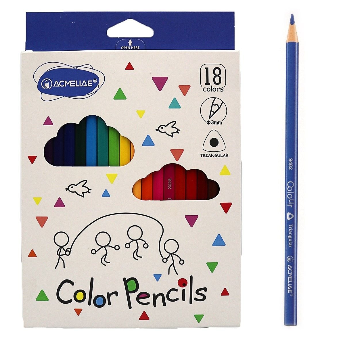 Олівці кольорові 18шт 18кол 3мм тригранні Color Pencils в коробці 21*15*1см 9402-18 Acmeliae
