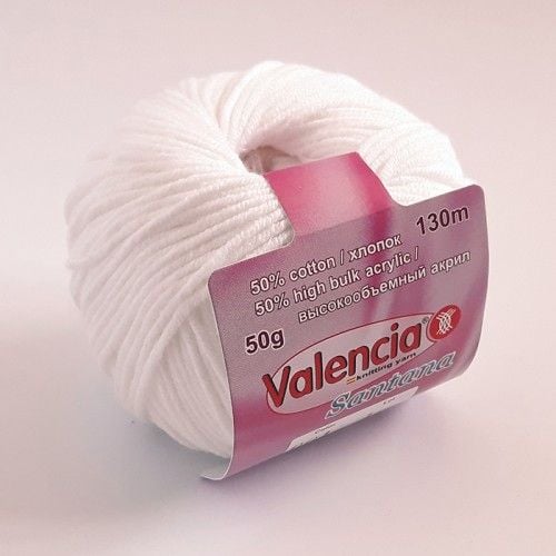 Пряжа Valencia Santana 50г 130м біла 50% хлопок 50% акрил 1-001 Іспанія
