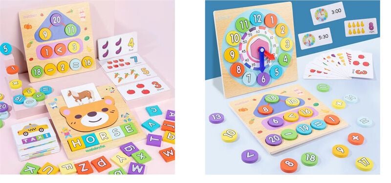 Гра дерев'яна двосторонні кружечки з числами 10 карток із годинниками цифрами та овочами у коробці 21*19*3см C65689 Китай