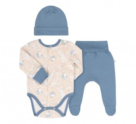 Костюм для новороджених байка трійка боді, повзуни, шапка з малюнком зайці з їжаками №G31 синій КП275 Bembi 56р
