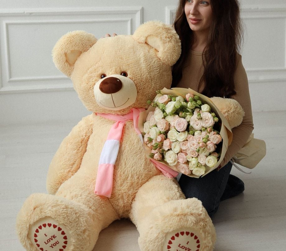 М'яка іграшка ведмедик Карамелька 140см з шарфом травка бежевий Ч418БЖ чайка