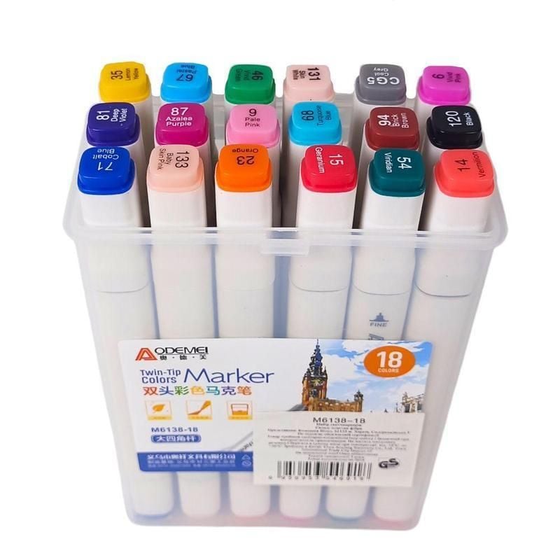 Скетч маркери набір 18шт двосторонні у пластиковому боксі M6138-18 Aodemei