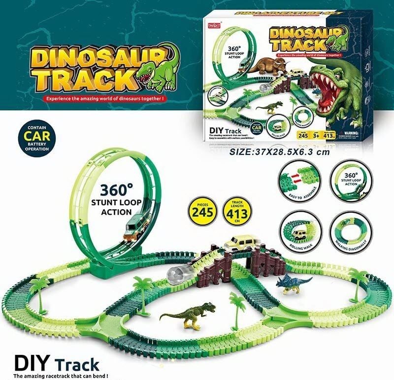 Трек гнучка траса 245д Dinosaur Track 413см 1 машина на батрейках, 2динозаври у коробці 37*28*6см 317 Leeta