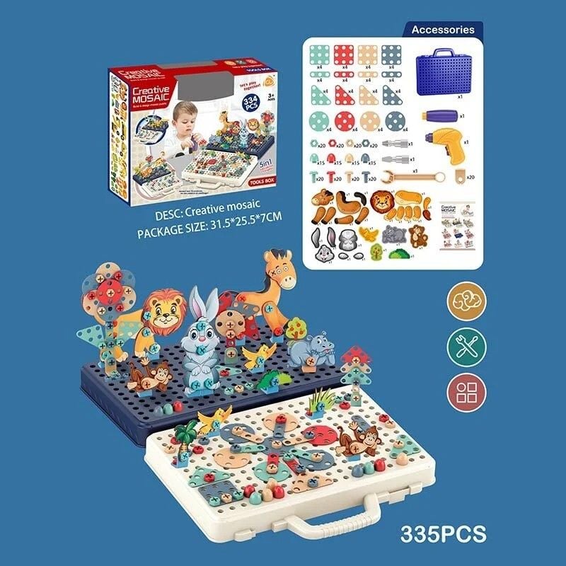 Мозаїка “Зоопарк” 334 елементи 5в1 валіза шурупи болтики мозаїка картонні фігурки викрутка електричний шурупокрут в коробці 636-7B Китай