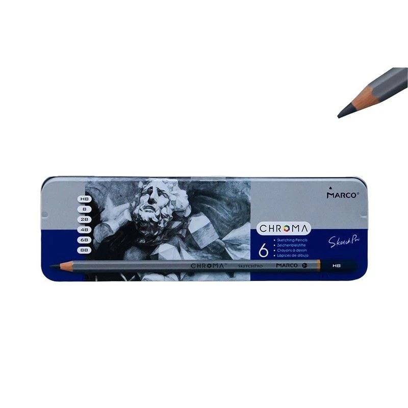 Олівець ч/г 6шт набір різної твердості Chroml в металевому пеналі E1015-6TN Marco