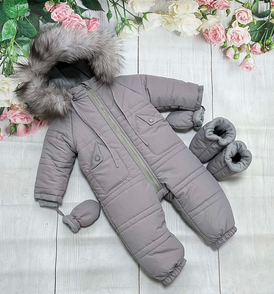 Комбінезон зимовий  капюшон з опушкою на блискавці однотонний  рукавички та чобітки світло-сірий 9994903 Angelok Child 80(р)