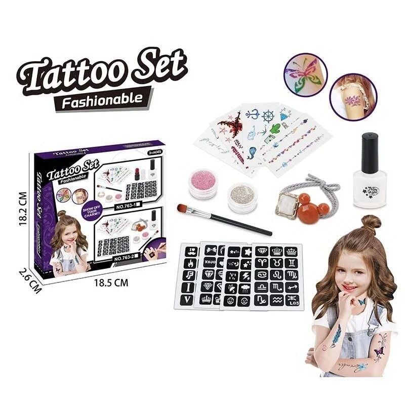 Набір для тату 4 аркуші з трафаретами 5 аркушів з тату 2 баночки блискіток пензлик клей для блискіток резинка для волосся в коробці 763-2 Китай
