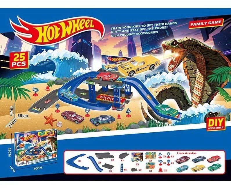 Трек типу HotWheel 25 елементів довжина 55см 2 металопластикові машинки 2 поверхи парковка дорожні знаки в коробці T876-1 Китай
