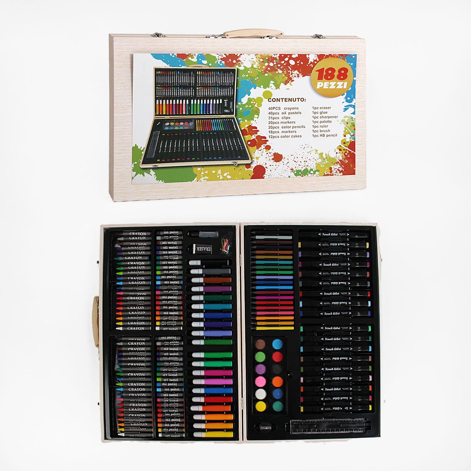 Набір для малювання 220 предметів олівці маркери фарби в дерев'яній валізі 83652 Китай