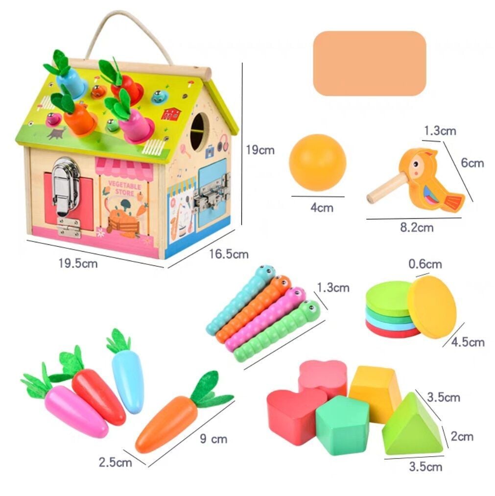 Будиночок логічний дерев'яний сортер годинник з рухомими стрілками дверцята з металевими замками морквини черв'ячки в коробці C68839 Китай