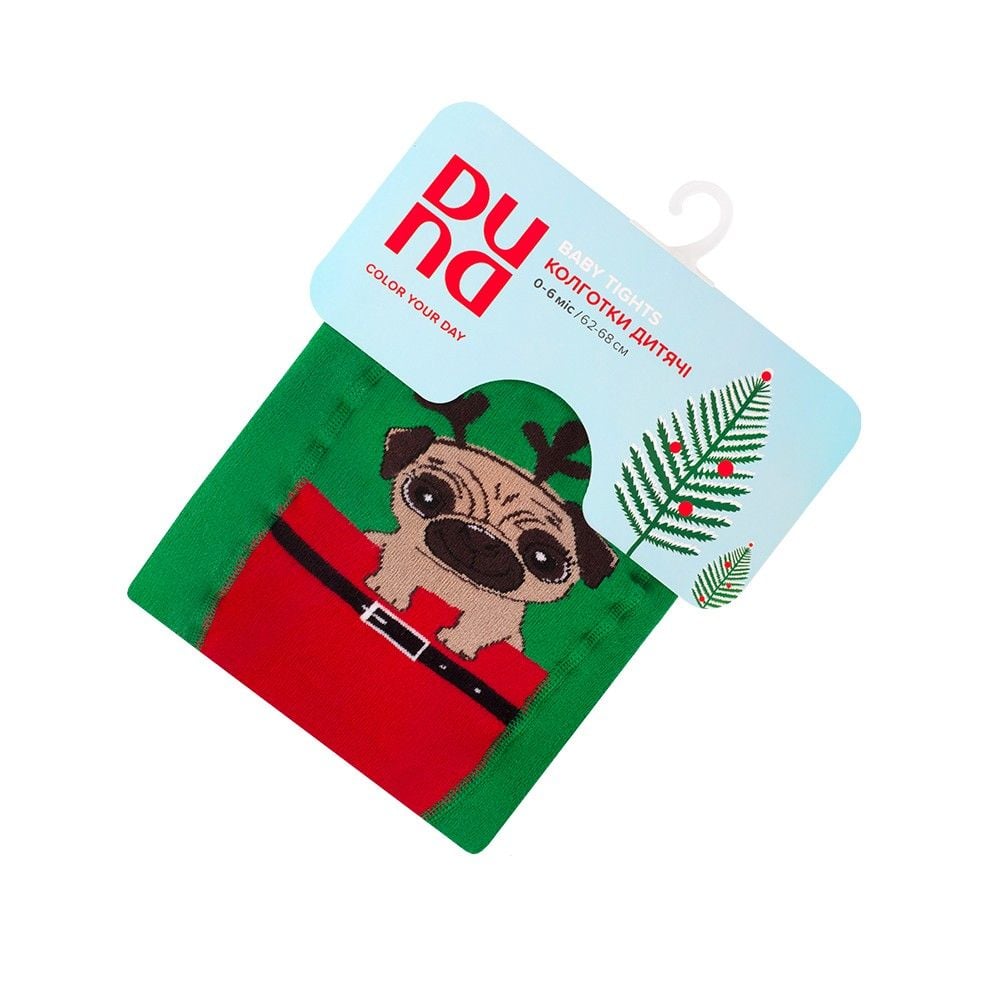 Колготи махра з клином під памперс меланж з малюнком Мопс зелено-червоні 4944 Duna 68-74р