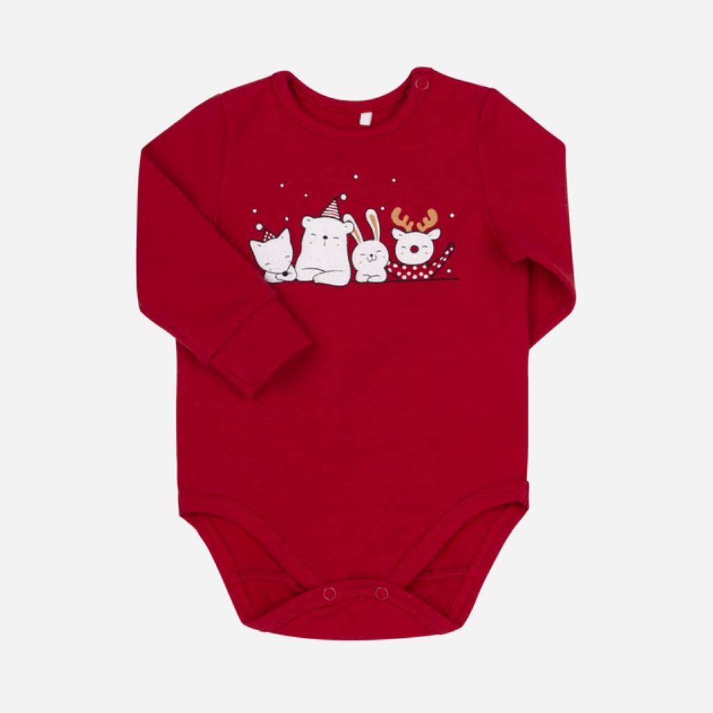 Боді супрем з довгим рукавом та кнопками на плечи з малюнком Звірятка Новорічні червоний БД214 Bembi 74р