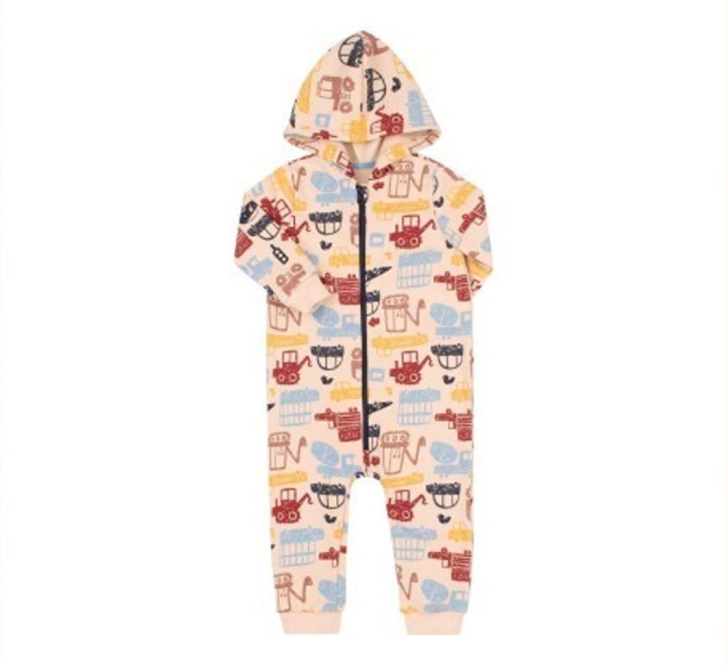 Комбінезон трикотаж шардон з начосом з капюшоном на блискавці з малюнком Машинки №210 молочний КБ209 Bembi 92р