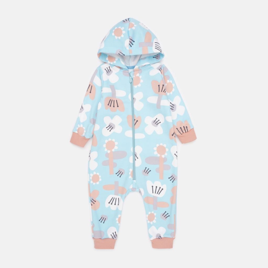 Комбінезон трикотаж шардон з начосом з капюшоном на блискавці з малюнком Квіточки №R01 бірюзовий КБ209 Bembi 80р