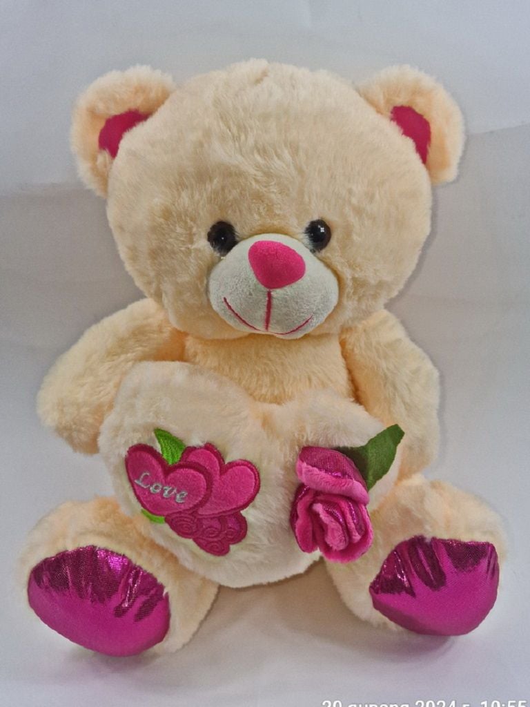 М'яка іграшка Ведмедик 30см з серцем та трояндою музичний сидить тканина травка молочний 44330 Сонечко