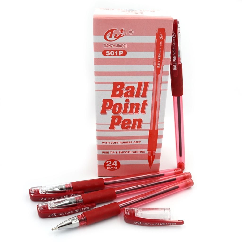 Ручка кулькова 1мм Ball Pen с грипом у прозорому корпусі червона 501P Tianzhijiaozi