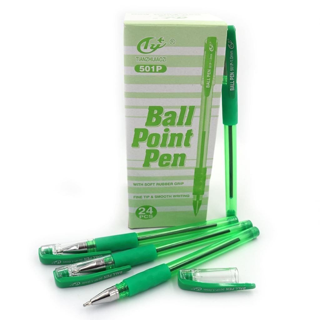 Ручка кулькова 1мм Ball Pen с грипом у прозорому корпусі зелена 501P Tianzhijiaozi