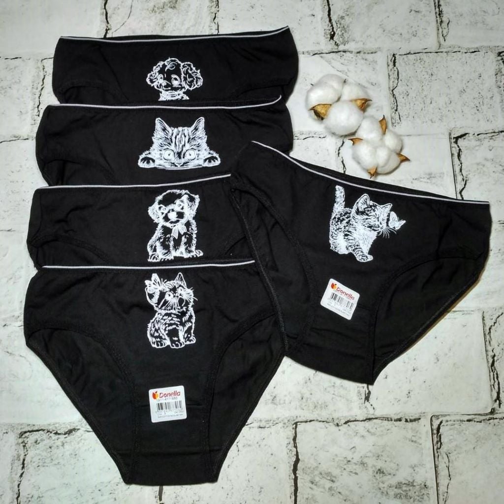 Труси для дівчинки плавками трикотаж з малюнком Цуценя, котик чорні 4171SB3 Donella 10-11рр