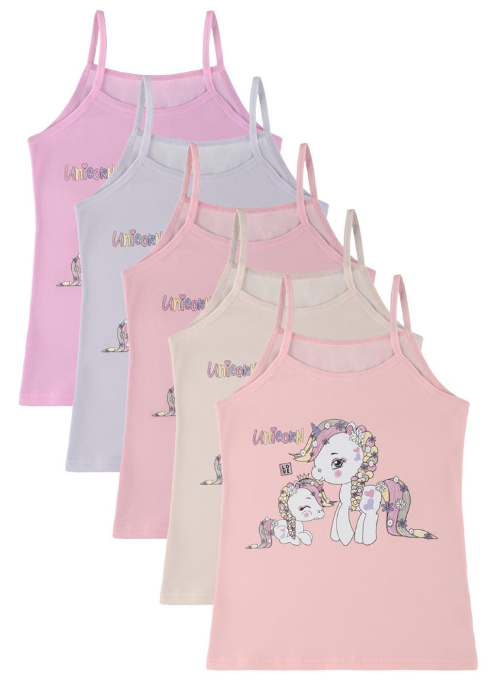 Майка для дівчинки трикотаж на тонких бретелях з малюнком Два Єдинороги Unicorn мікс кольорів 4371PB35 Donella 6-7рр