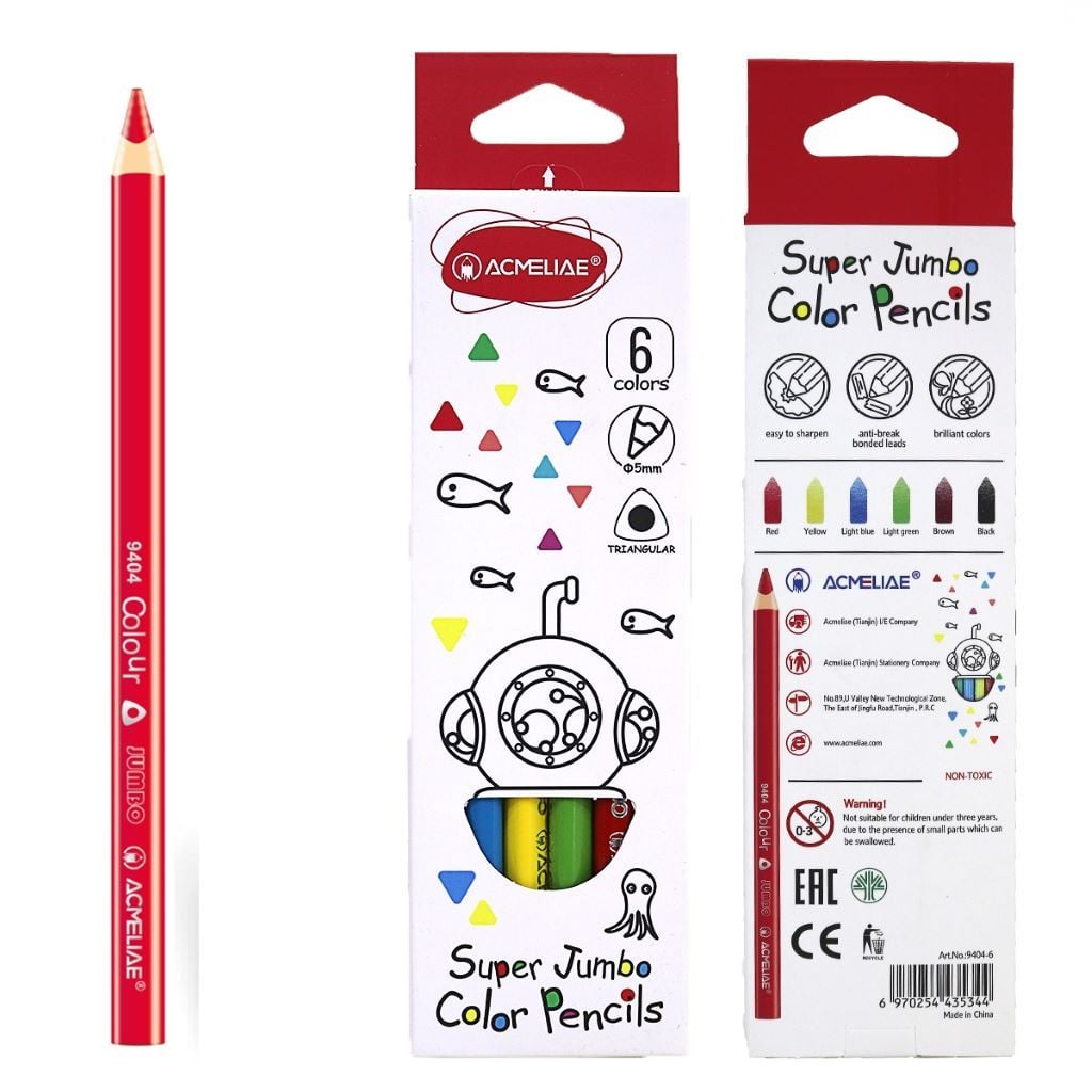 Олівці кольорові 6шт 5мм тригранні Super Jumbo в коробці 20*5,5*1см 9404-6 Acmeliae