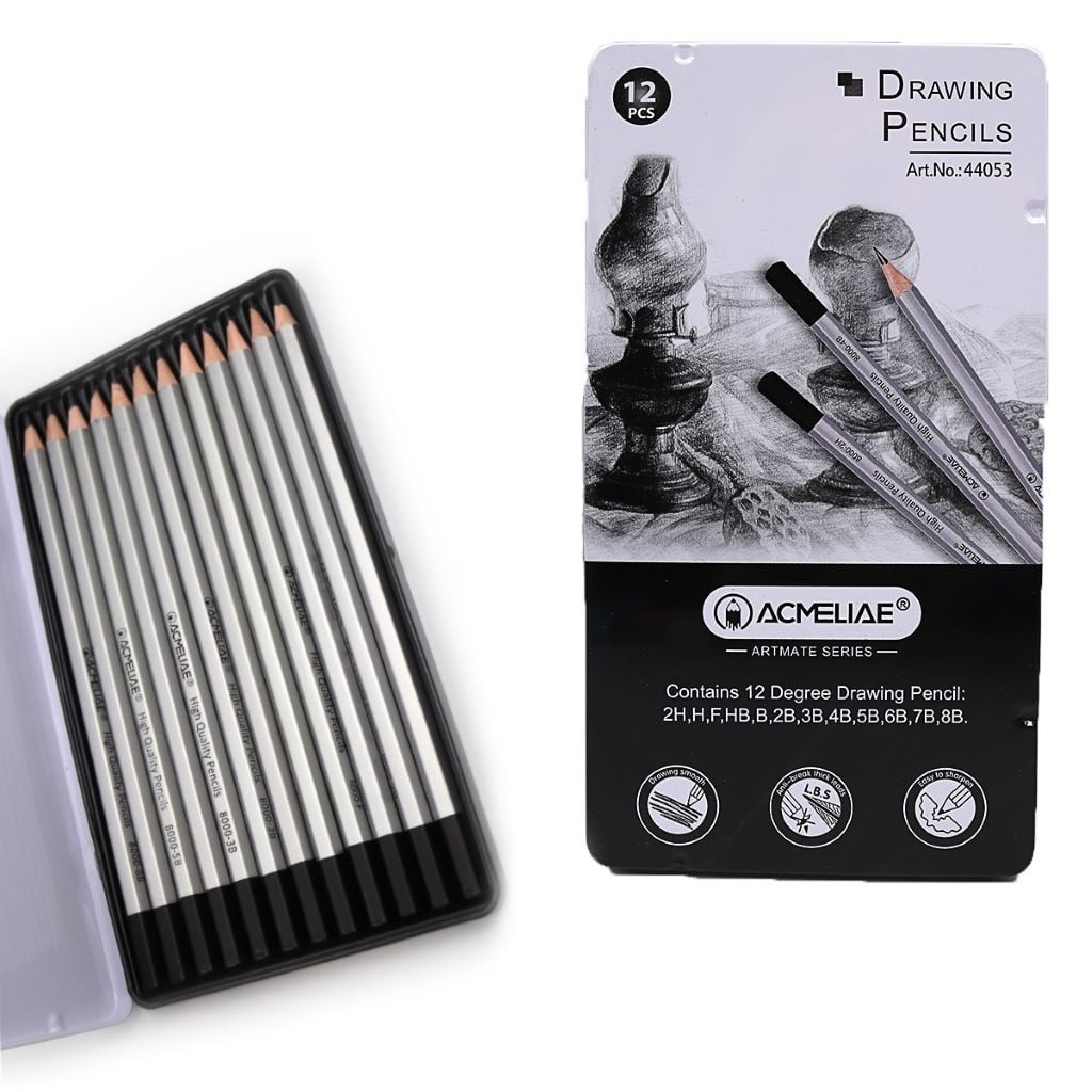Олівець простий ч/гр 12шт набір  різної твердості Drawing  pencils для екскізів в металевому пеналі 18*10,5*1см 44053 Acmeliae