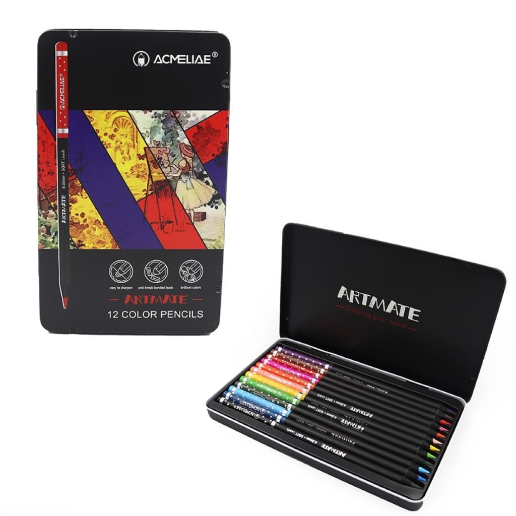 Олівці кольорові 12шт 4мм круглі в металевому пеналі 19*11*1см 43567 Acmeliae