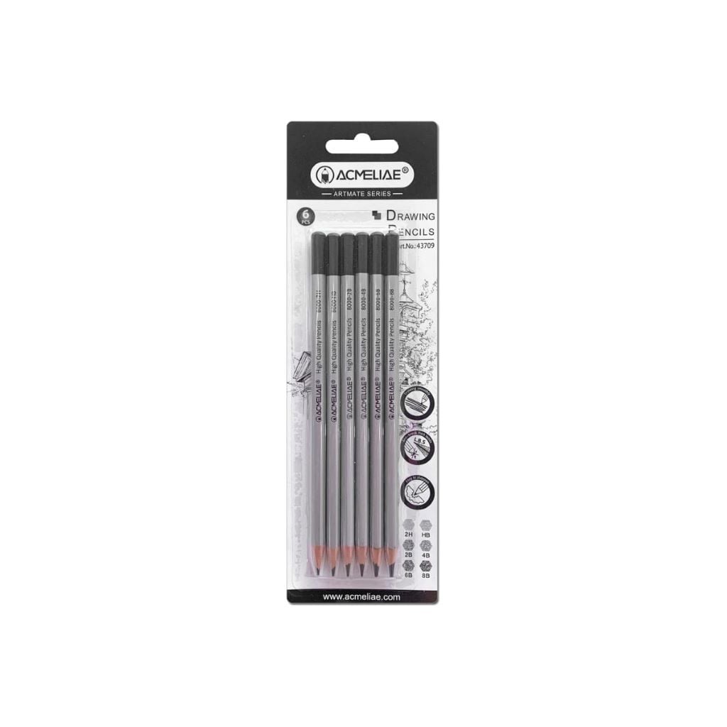 Олівець простий ч/гр 6шт набір  різної твердості Drawing  pencils для екскізів на планшеті 25*8см 43709 Acmeliae
