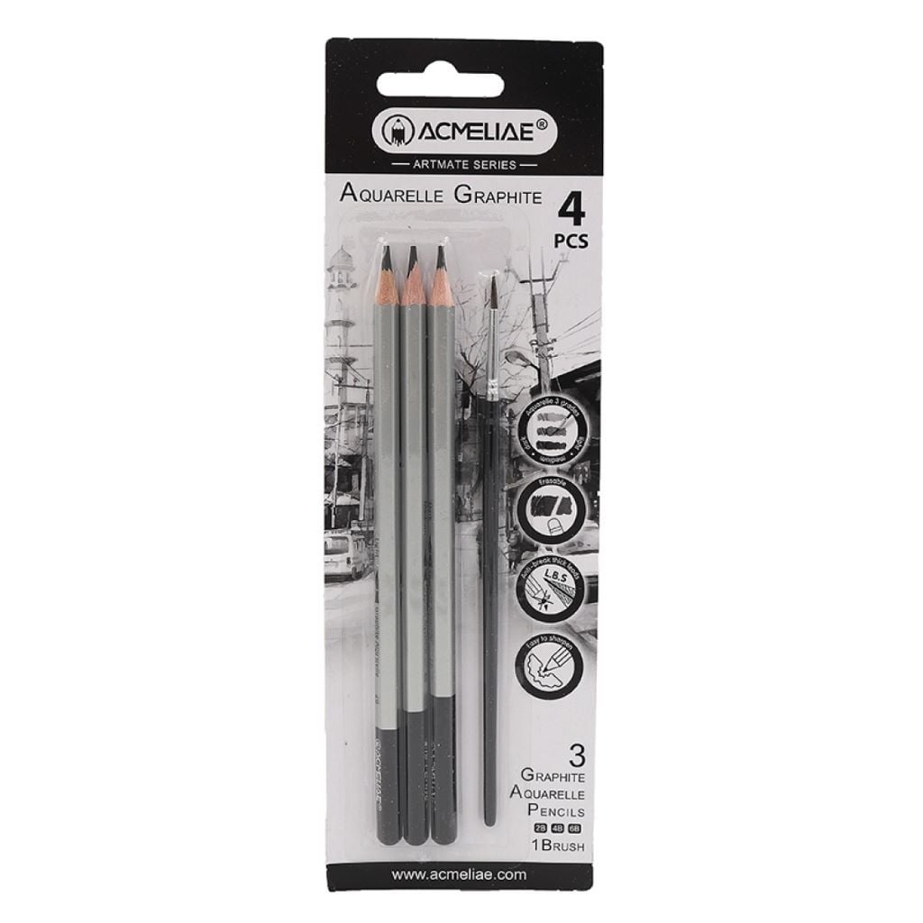 Олівець простий ч/гр 3шт набір різної твердості для екскізів пензлик на планшеті 25*8см 43706 Acmeliae