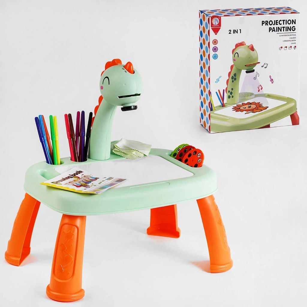 Столик з проєктором Динозавр підсвічування мелодія 3 диски альбом 12 фломастерів в коробці 33*10*39см YM2220 Yimatoys