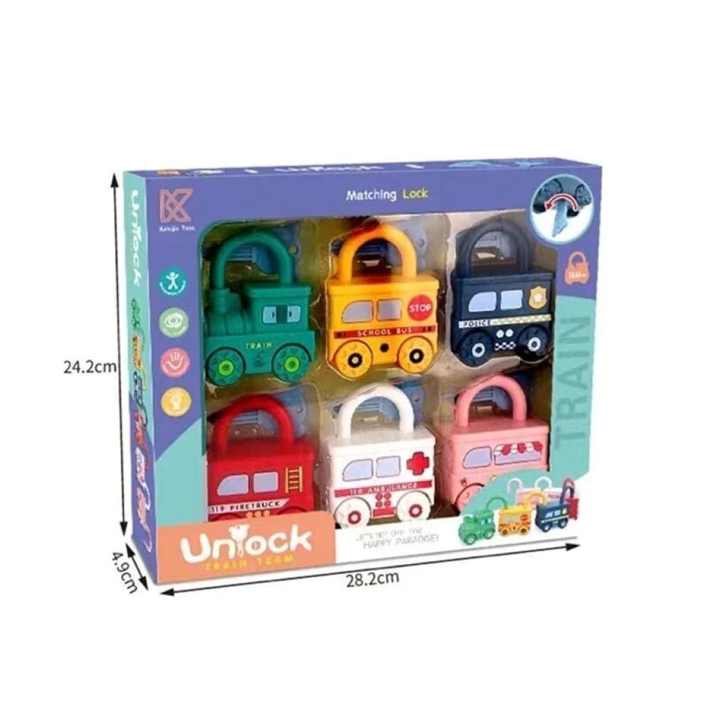 Логічна гра Замочки веселий транспорт підбери ключ 6 вагонів 6 ключів коробка 28*23,5*4 см 228-1 Kaisijia
