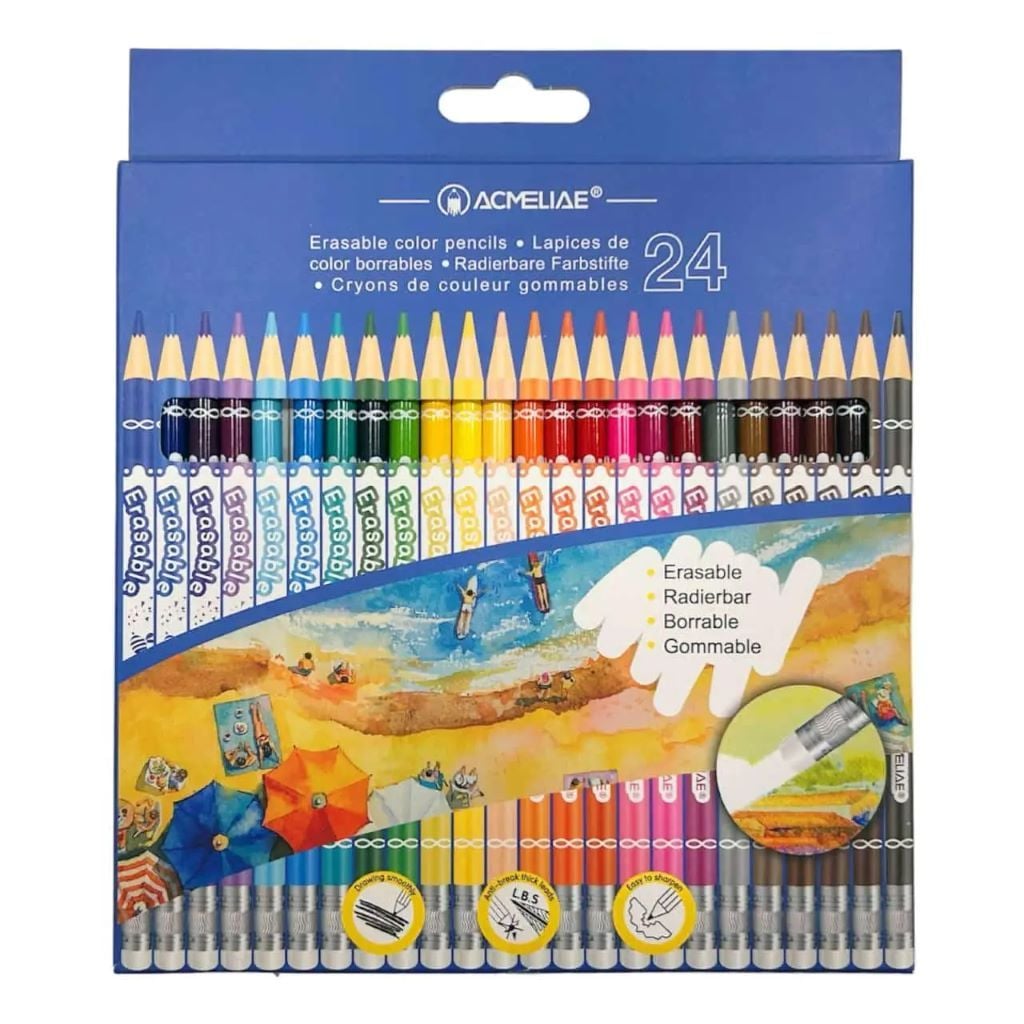 Олівці кольорові 24шт 24кол 3мм круглі з гумкою що стираються  в коробці 21*18,5*1см 43740 Acmeliae