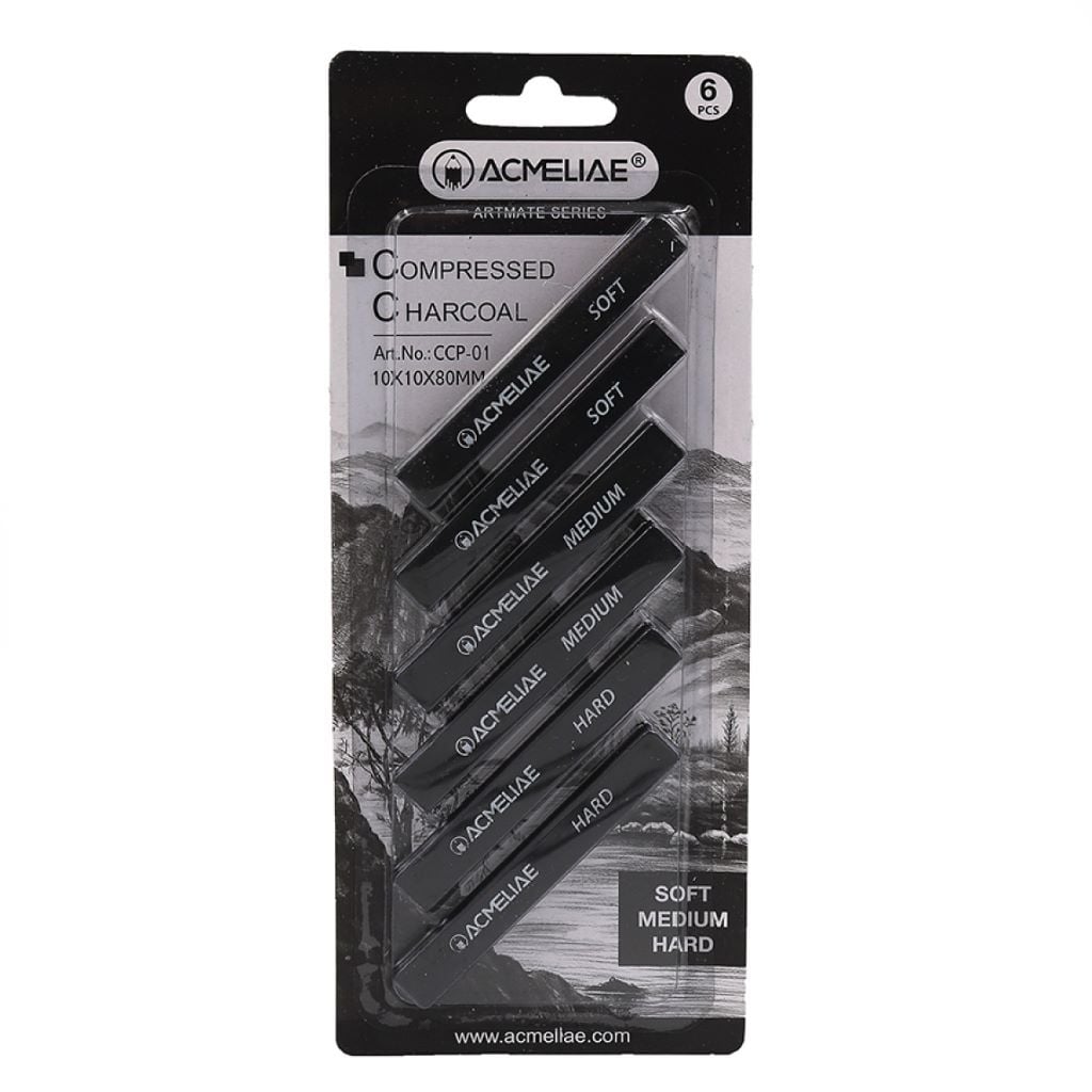 Олівці вугільні 6шт1*1*8см Soft Medium Hard м'які/середні/тверді вуглі на планшеті 22*9*1см  CCP-01 Acmeliae