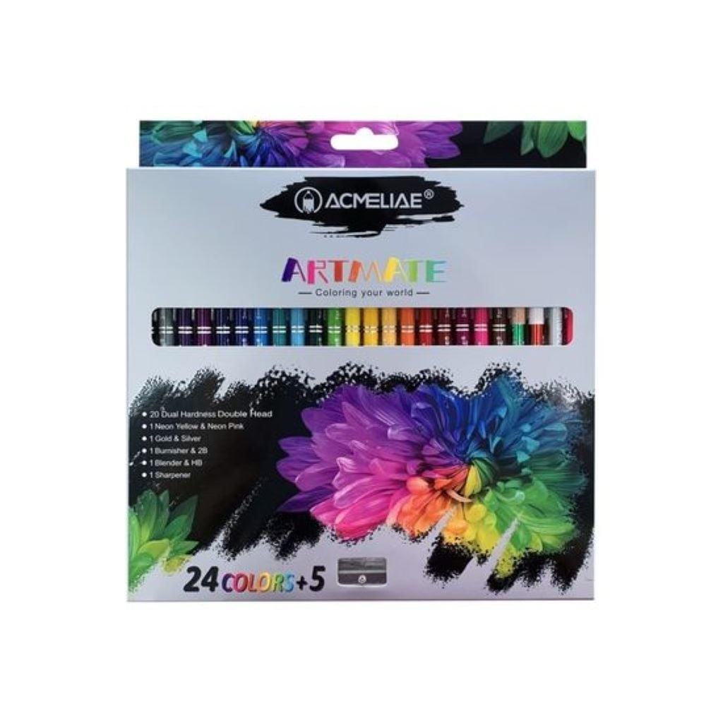 Олівці кольорові 25шт 24кол 1 поліруючий та 1 олівець-блендер з точилкою круглі в коробці 23*22см 43979 Acmeliae