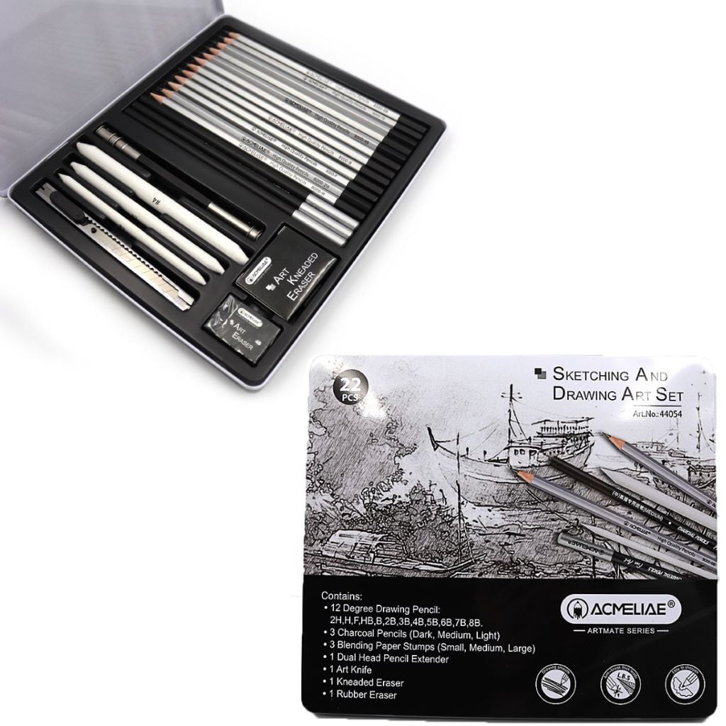 Олівець простий ч/гр 12шт набір  різної твердості Drawing Art Set для екскізів в металевому пеналі 22*20*1см 44054 Acmeliae