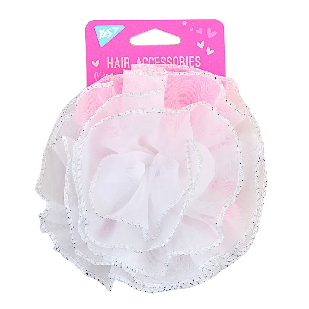 Бант для волосся 13см на резинці білий органза з срібним кантом  на планшеті 707117 Yes