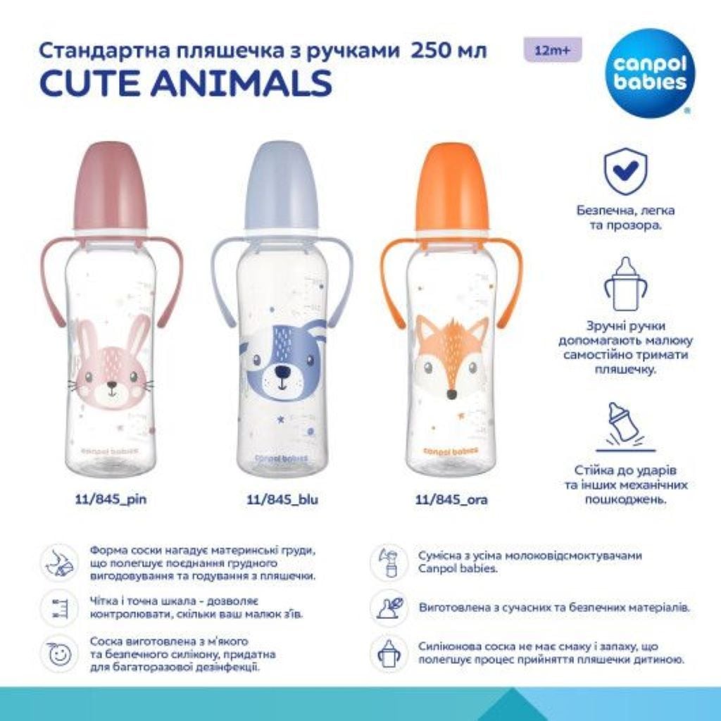 Пляшечка 250мл з малюнком і ручкою Cute  Animals рожева 11/845_pin canpol