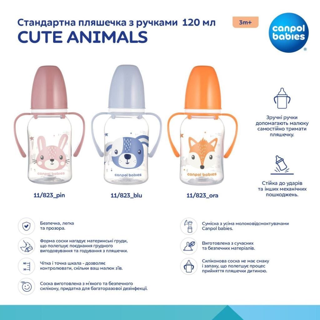 Пляшечка 120мл з малюнком і ручками Cute Animals рожева 11/823_pin canpol