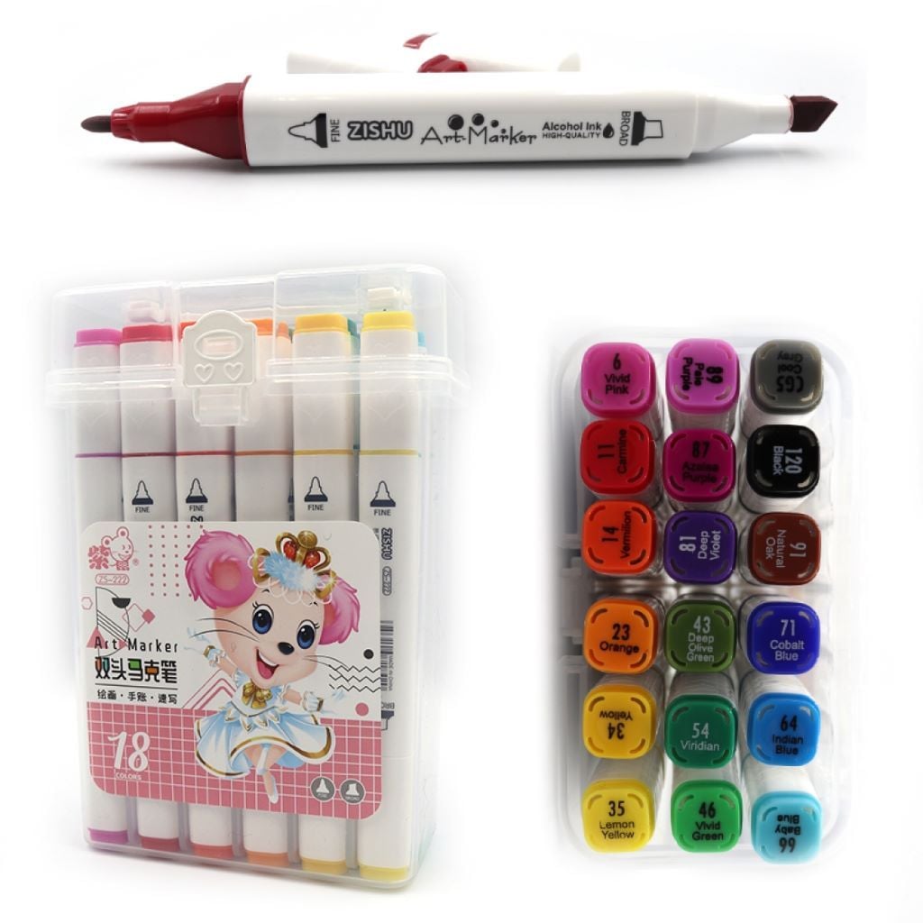 Скетч маркери набір 18 шт двосторонні у пластиковому боксі  мікс кольорів 222-18 Josefotten