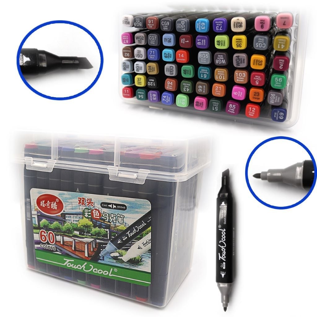 Скетч маркери набір 60 шт двосторонні у пластиковому боксі мікс кольорів 0229-60 Китай