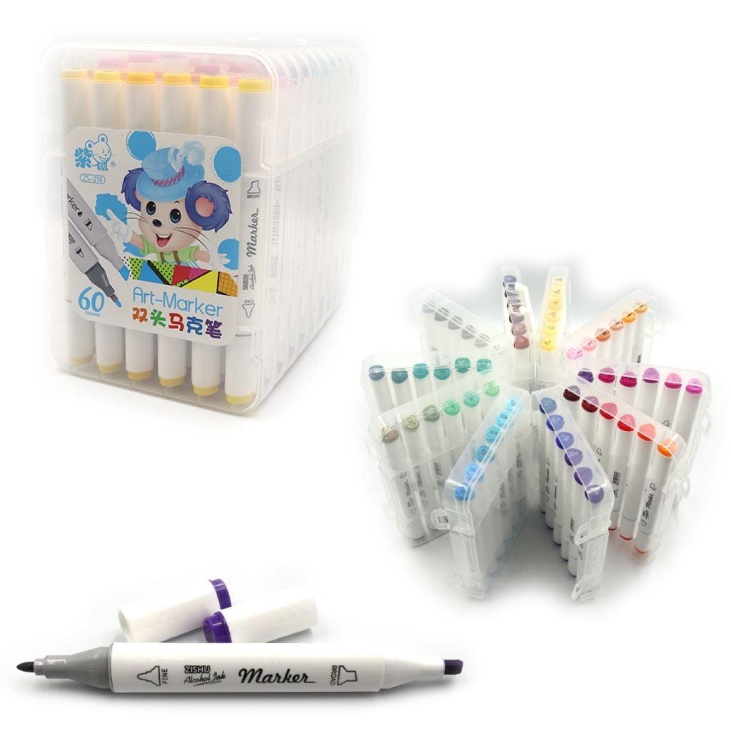 Скетч маркери набір 60 шт двосторонні у пластиковому боксі мікс кольорів 218-60 Китай