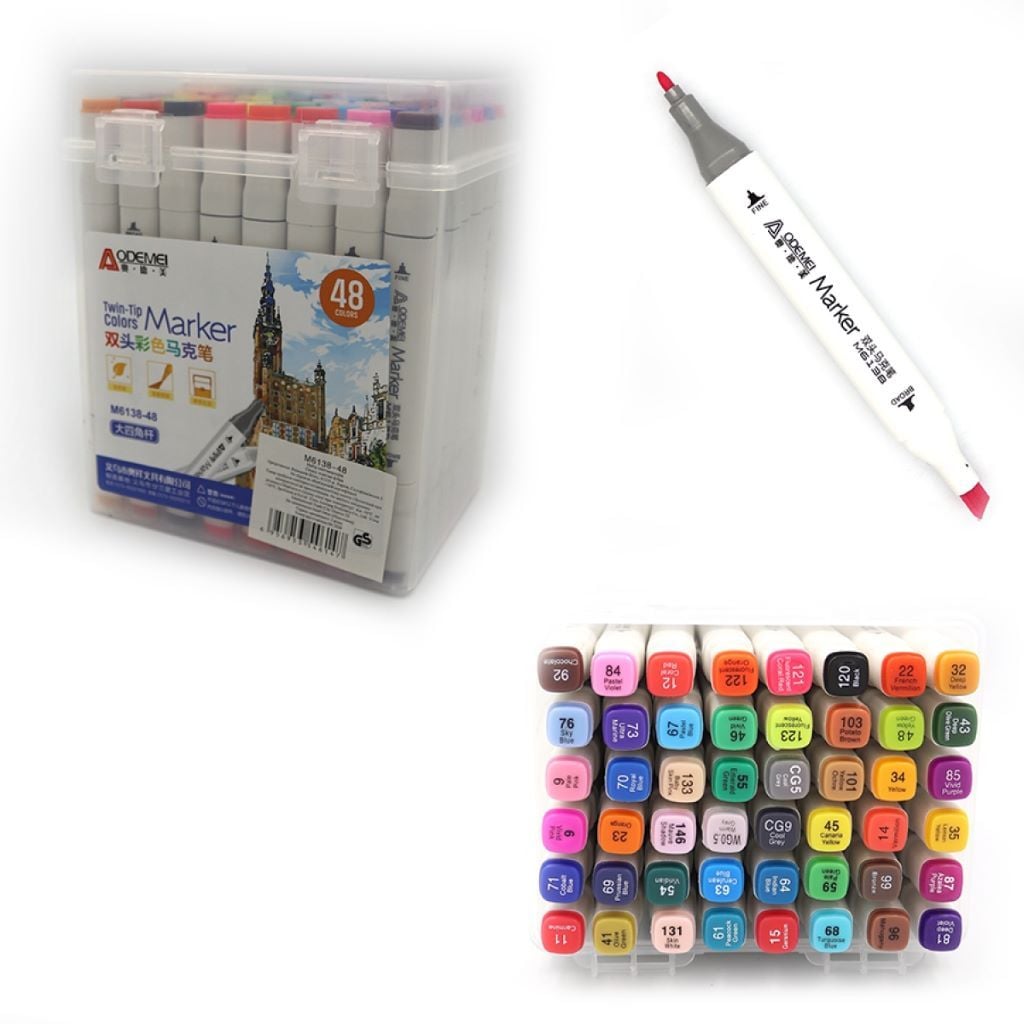 Скетч маркери набір 48шт двосторонні у пластиковому боксі мікс кольорів M6138-48 Aodemei