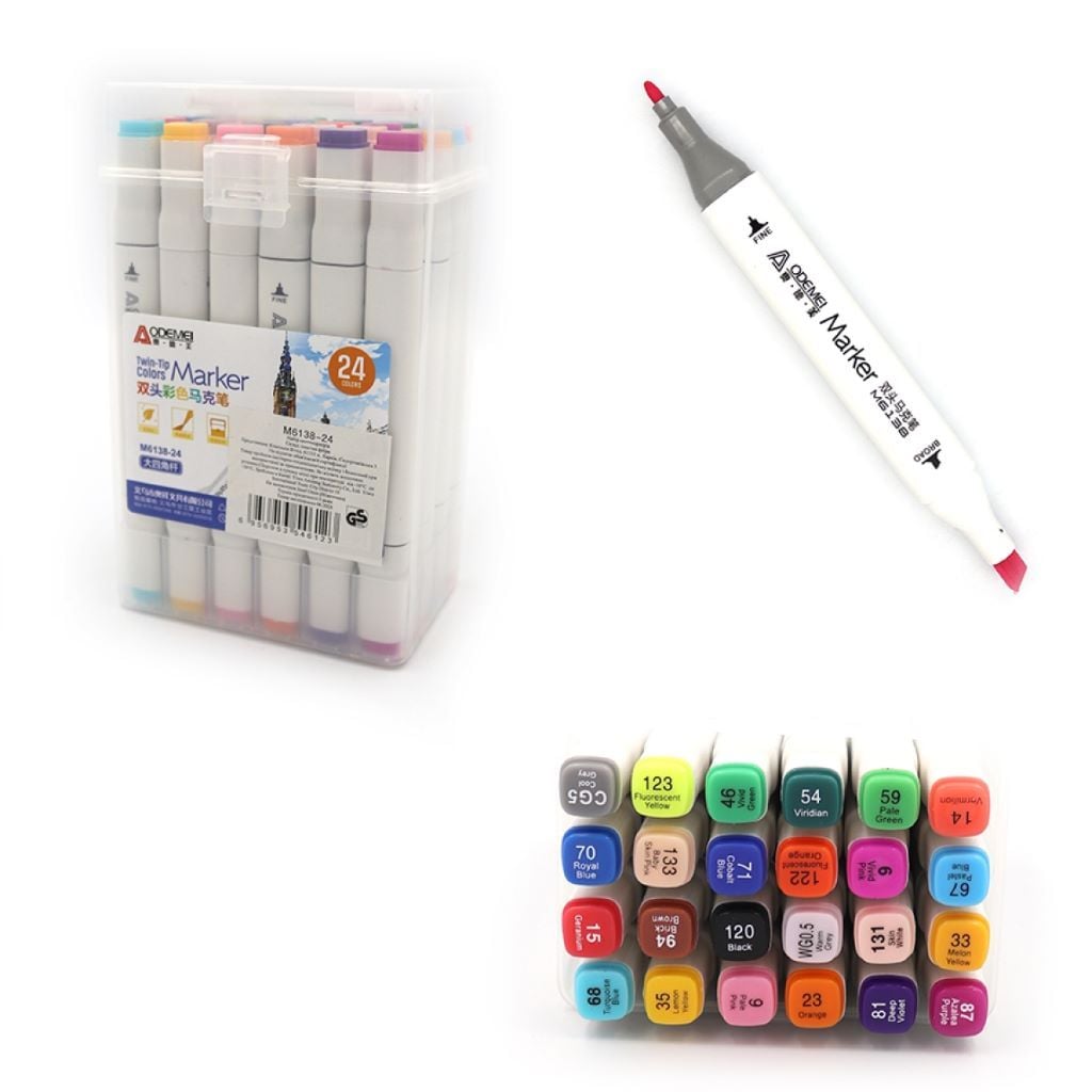 Скетч маркери набір 24шт двосторонні у пластиковому боксі мікс кольорів M6138-24 Aodemei