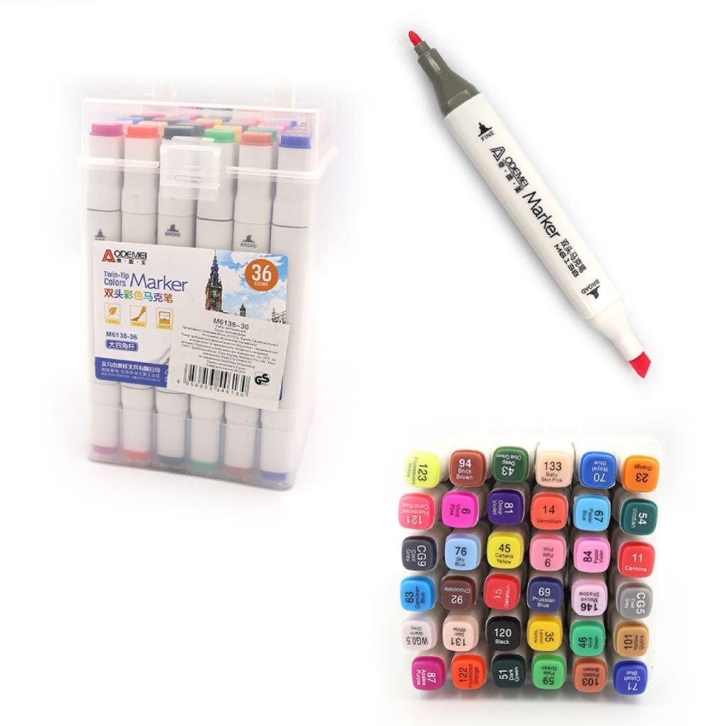 Скетч маркери набір 36шт двосторонні у пластиковому боксі мікс кольорів M6138-36 Aodemei