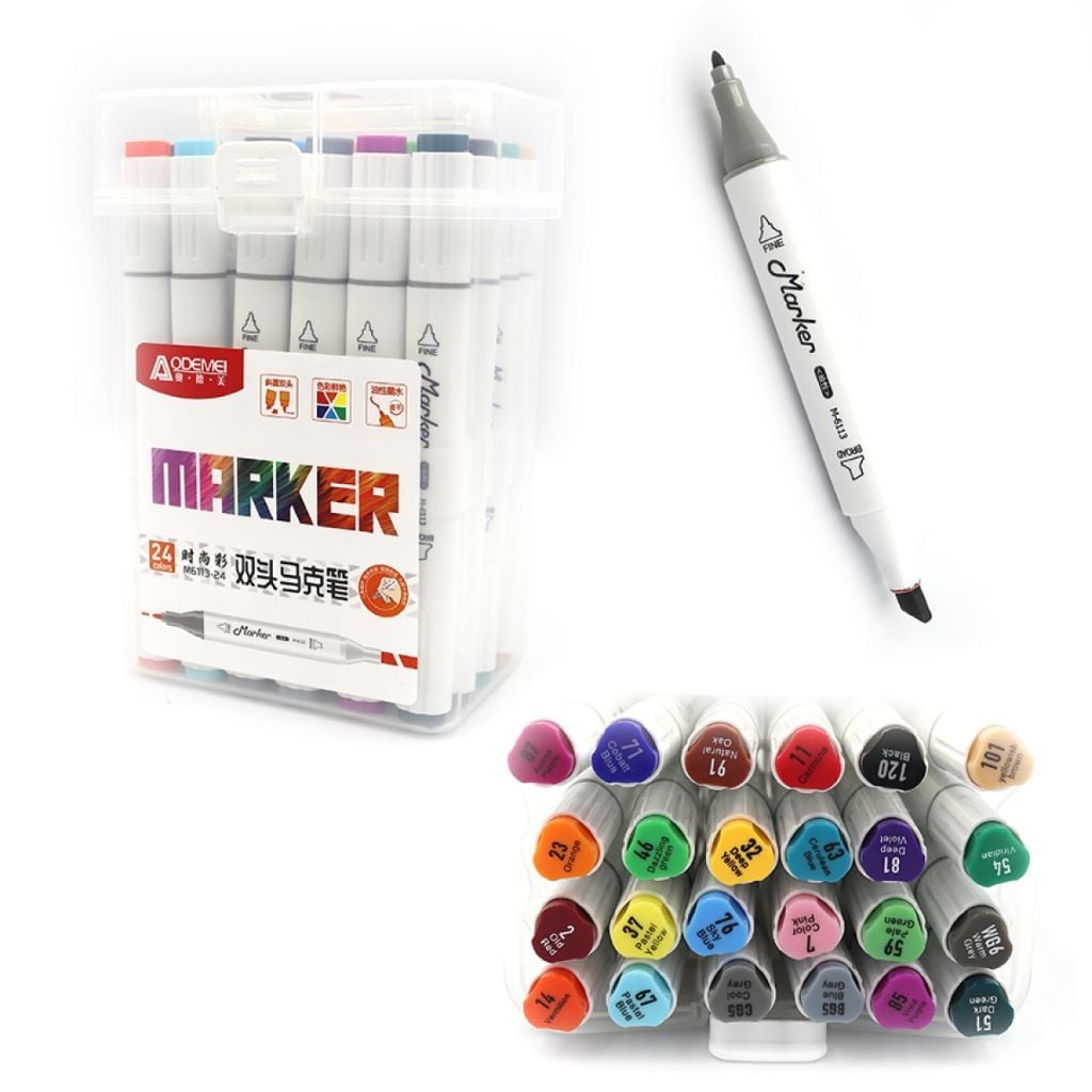 Скетч маркери набір 24шт двосторонні у пластиковому боксі мікс кольорів M6113-24 Aodemei