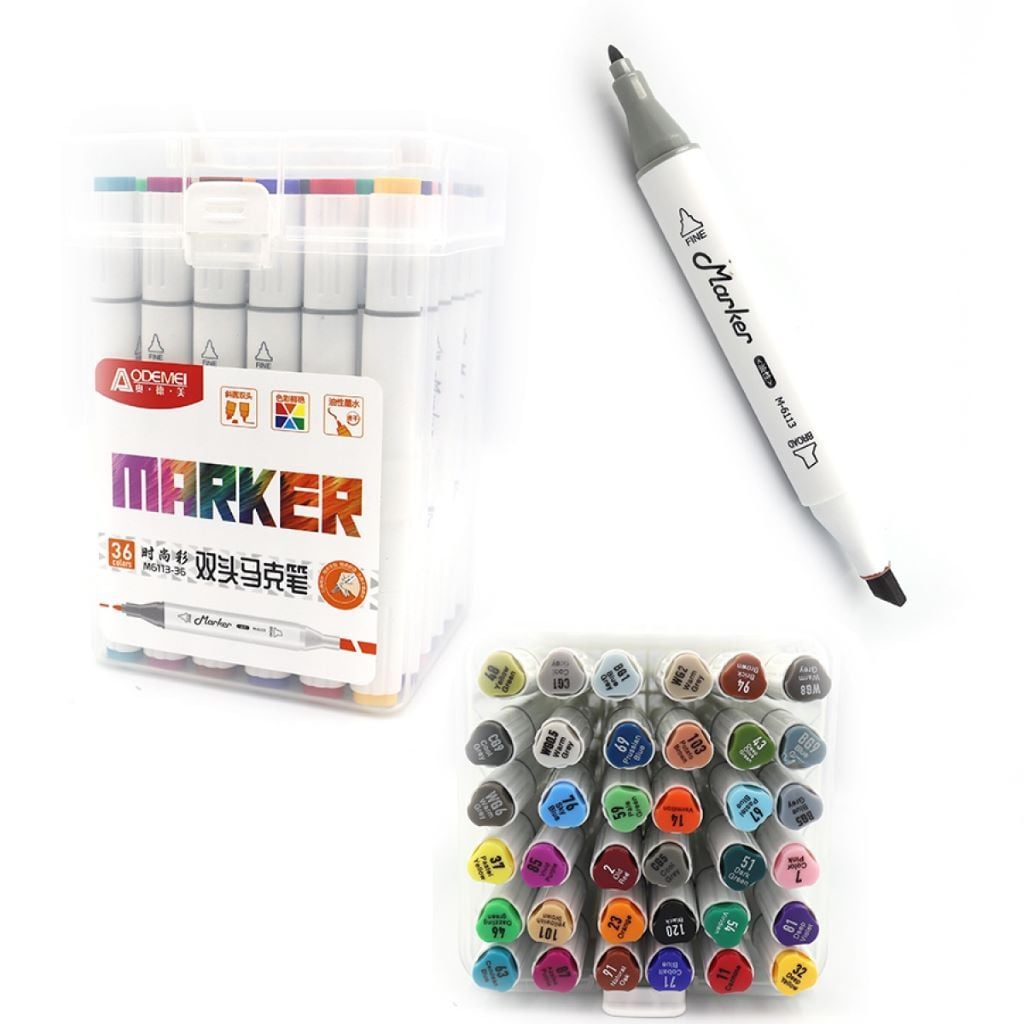 Скетч маркери набір 36шт двосторонні у пластиковому боксі мікс кольорів M6113-36 Aodemei