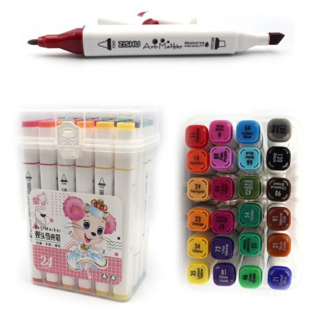 Скетч маркери набір 24шт двосторонні у пластиковому боксі мікс кольорів 222-24 Josefotten