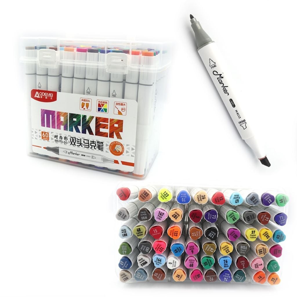 Скетч маркери набір 60шт двосторонні у пластиковому боксі мікс кольорів M6113-60 Aodemei