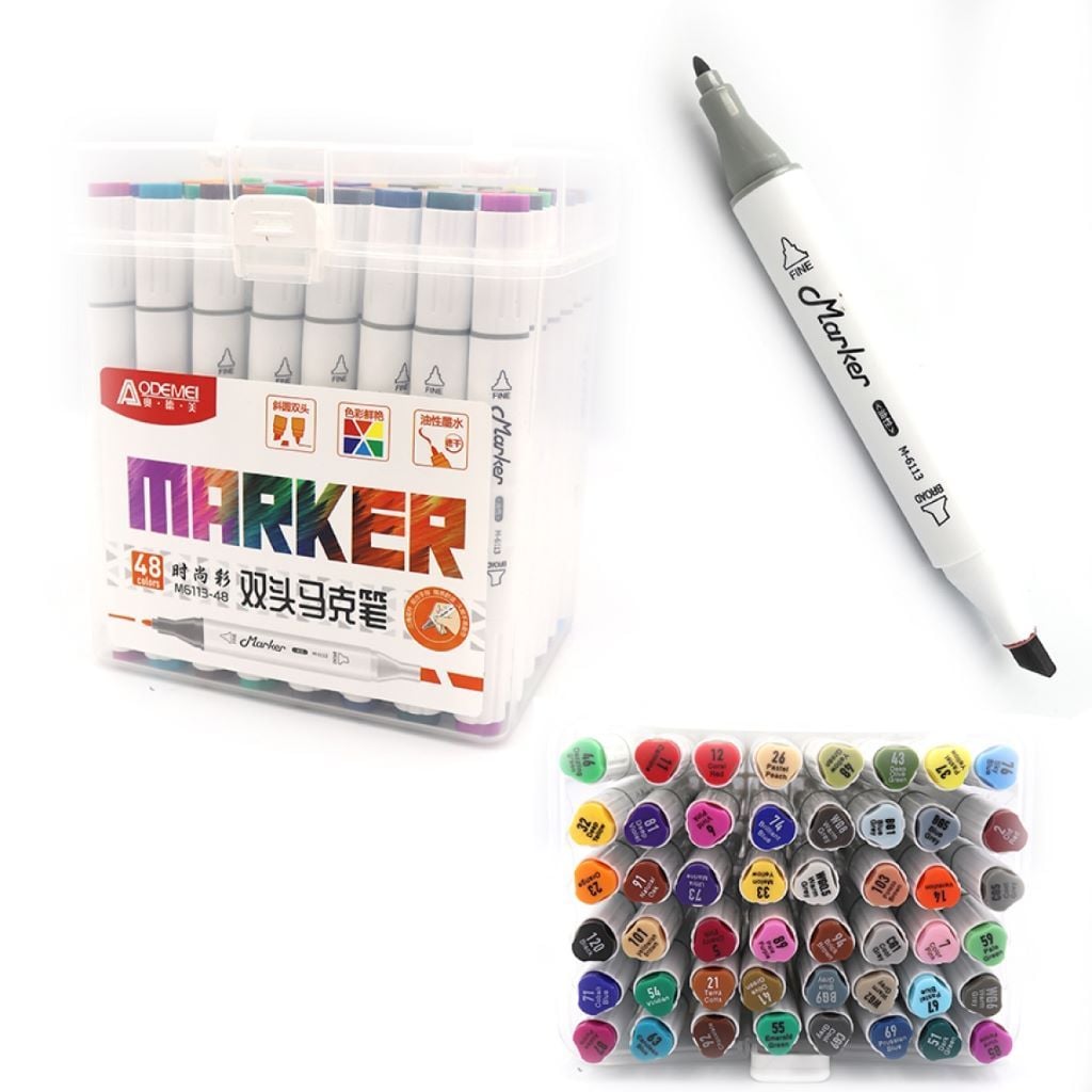 Скетч маркери набір 48шт двосторонні у пластиковому боксі мікс кольорів M6113-48 Aodemei