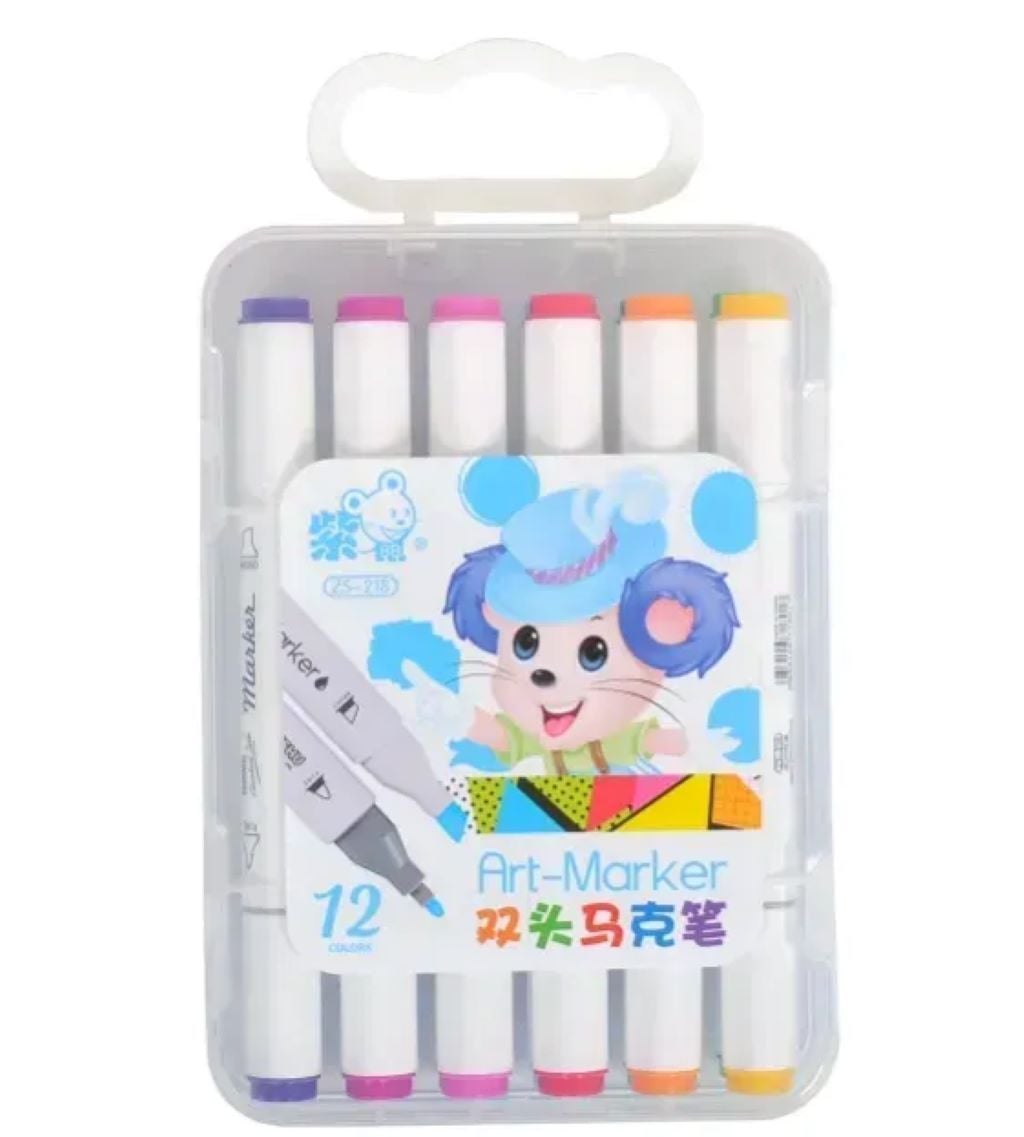 Скетч маркери набір 12 шт двосторонні у пластиковому боксі мікс кольорів ZS-218-12 Китай